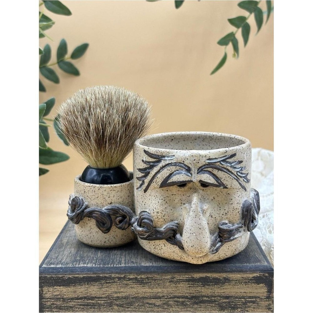 Wizard of Clay Pottery Shaving Mug Scuttle Face Cup with Brush Tan Stoneware 95